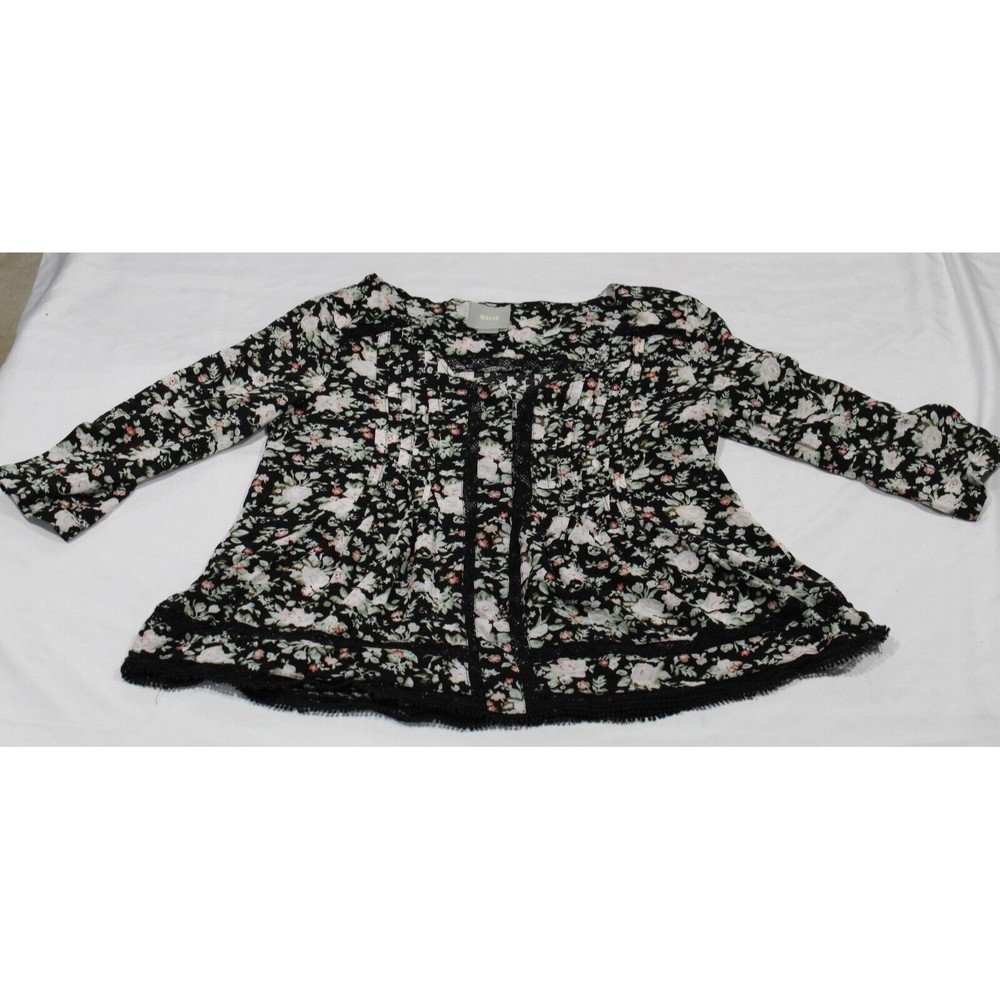 Maeve Women's 4( S ) Black Floral Top Crochet Lace Accents Pin Pleated LS
